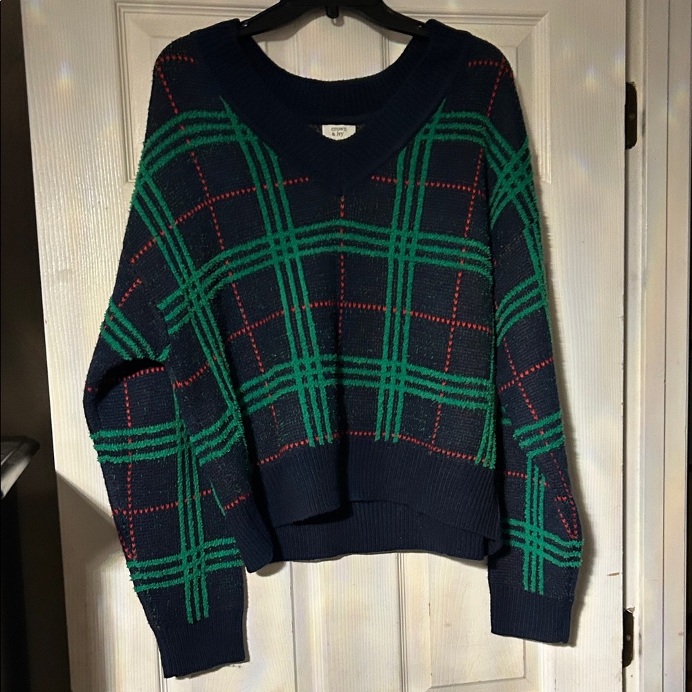 crown & ivy Navy and Green Plaid V-Neck Sweater